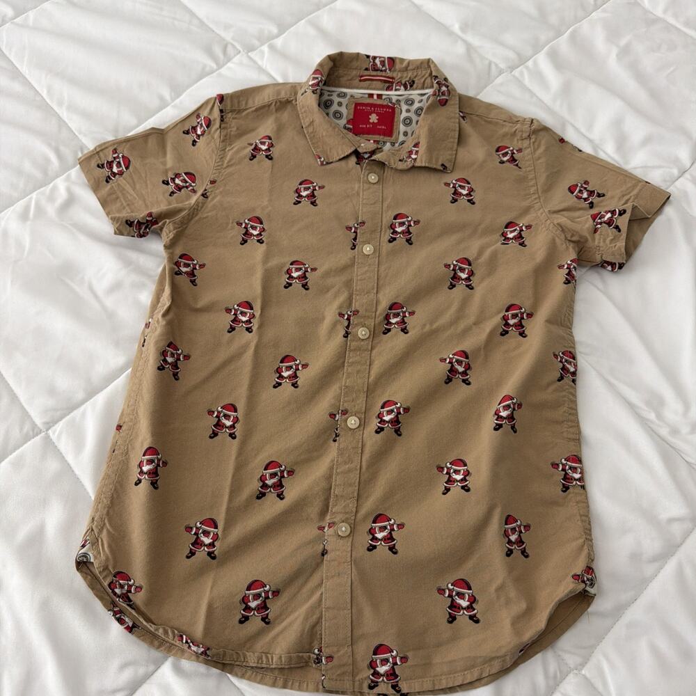 Denim And Flower Santa Claus Christmas Short Sleeve Button Shirt Brown Boys 8/9